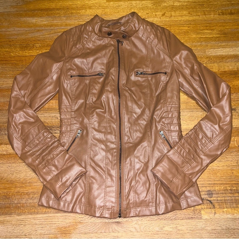 Women XXS Stylish Light Brown Faux Leather Full Zip Zip Pocket Biker‎ Jacket